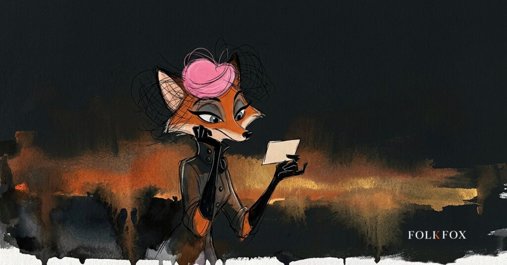 A keen vixen studies a blank card in low light, a stand-in for the robots meta tag rather than a ranking promise.