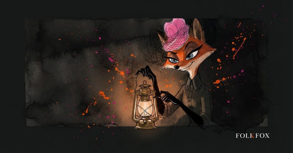 An ink-drawn vixen pinning a proven trail-marker onto an illuminated lantern, an authentic look at spark ads and creator commerce