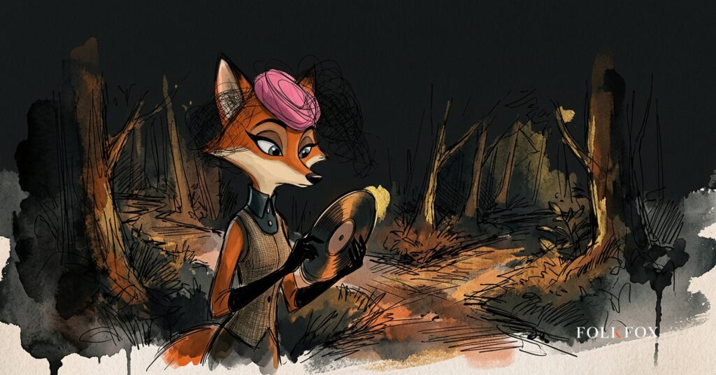 A fox pauses with a record at a fork, an illustration of the choices behind Spotify AI covers.