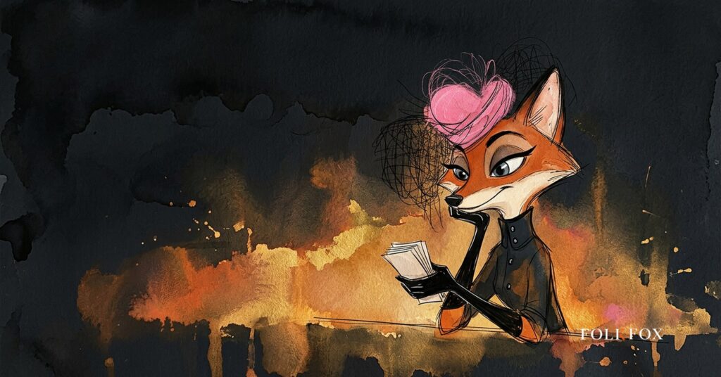 A vixen on a moonlit trail counts paper tickets, a picture of spotify listeners rather than a chart.