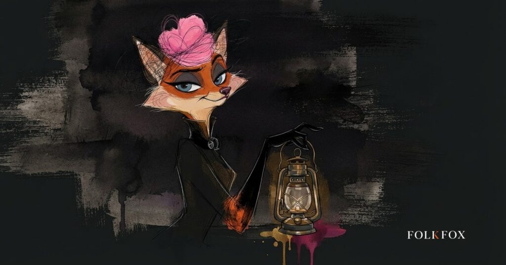 An ink-drawn vixen with a magnifier inspects the microgrooves of a vinyl record, analysing Spotify pay per stream and artificial play dilution