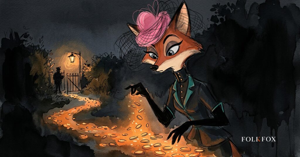 Fox at a lamp-lit gate watching a trail of coins, illustrating stablecoin news