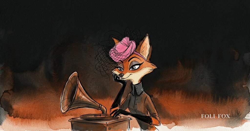 An ink-drawn fox beside a gramophone, illustrating what a flat streaming royalty rate means for songwriter payouts