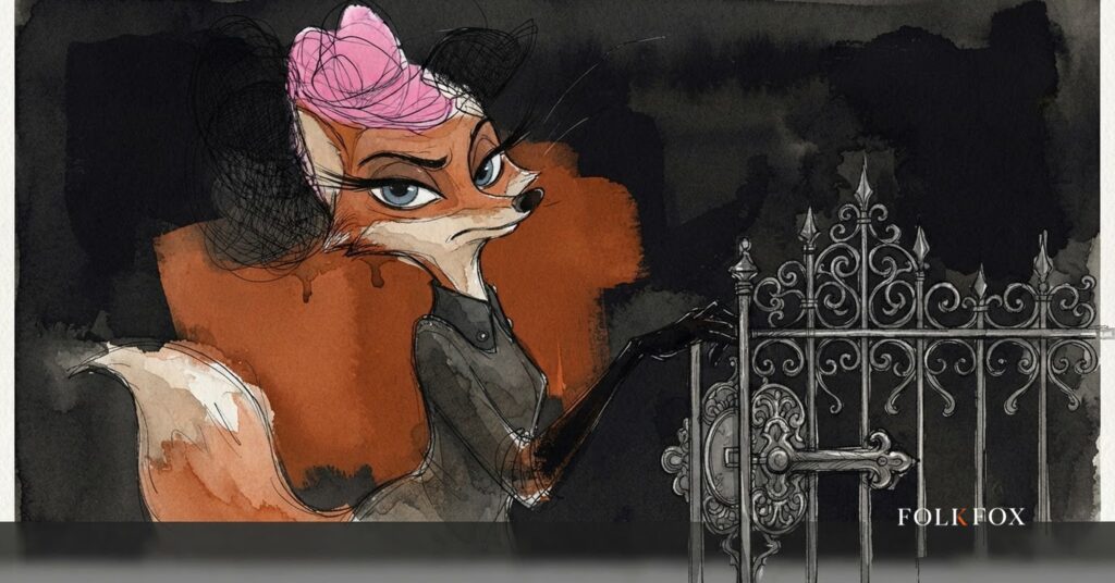 An ink-drawn fox at an open gate onto a lantern-lit meadow, illustrating the TikTok ad network