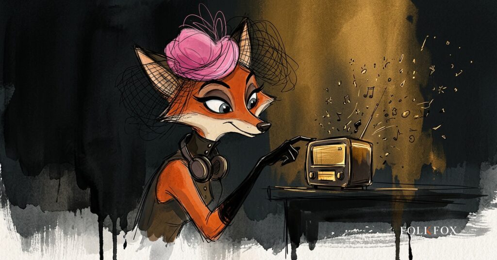 An ink-drawn fox in a folkfox forest beside a gramophone, illustrating tiktok radio.