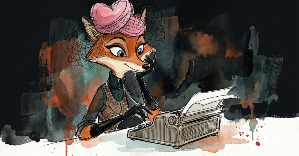 An ink-drawn fox in a folkfox forest beside a typewriter, illustrating trump accounts.