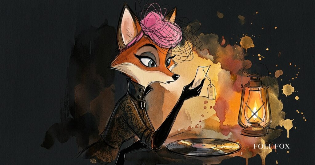 A watercolour fox studies a small label held up to a lantern, a picture about YouTube Music AI labels and what they say about a track