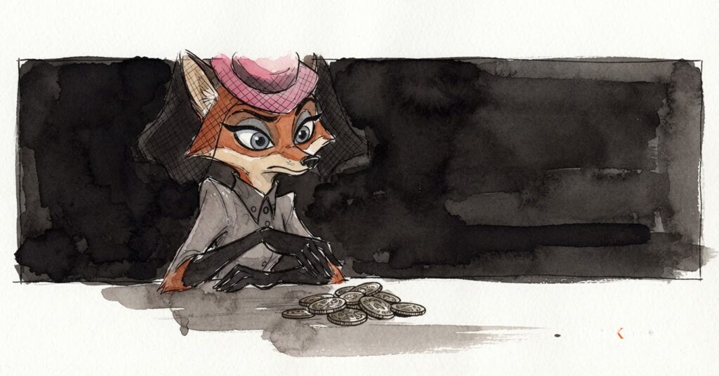 An ink-drawn vixen holds up a single small copper coin with a wary look, a picture of zero click searches and the pennies AI Overviews pay